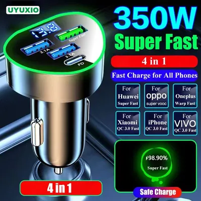 UYUXIO Superschneller USB-Autotelefon-Ladeadapter mit Spannungsanzeige 4-in-1 für iPhone 16 15 Pro Max 14 Samsung Android Phone