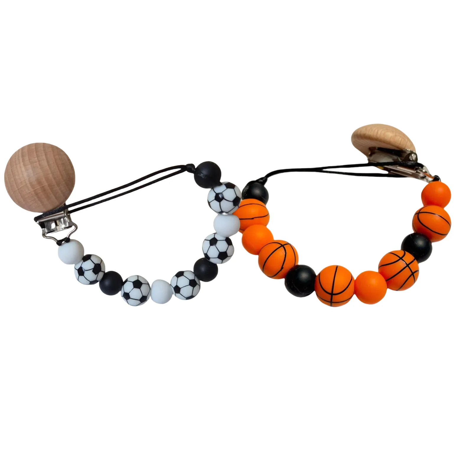 Schnullerleine aus Holz mit Sportmotiv, Basketball, Fußball, geformte Perlen, Baby-Beißring-Halter, Clip für Kleinkinder Image