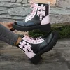 Süße rosa Schleife, gemischte Farben, Stiefeletten für Damen, 2025, Herbst, dicker Boden, Schnürstiefel, Süßigkeiten, Punk, Metalldekoration, Booties, Größe 42