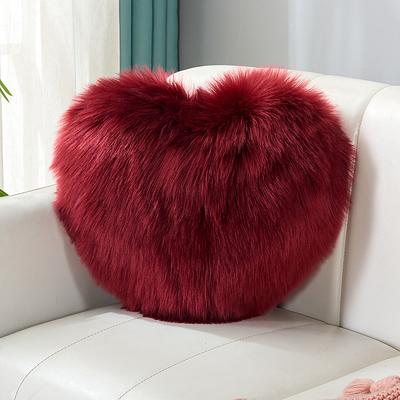 Wine red and Gray Heart-Shaped Pillow, Faux Fox Fur Heart Decorative Cushion for Bed, Soft Fluffy Throw Pillow for Chair, Sofa, Living Room - Plush Accent Pillow for Home Decor