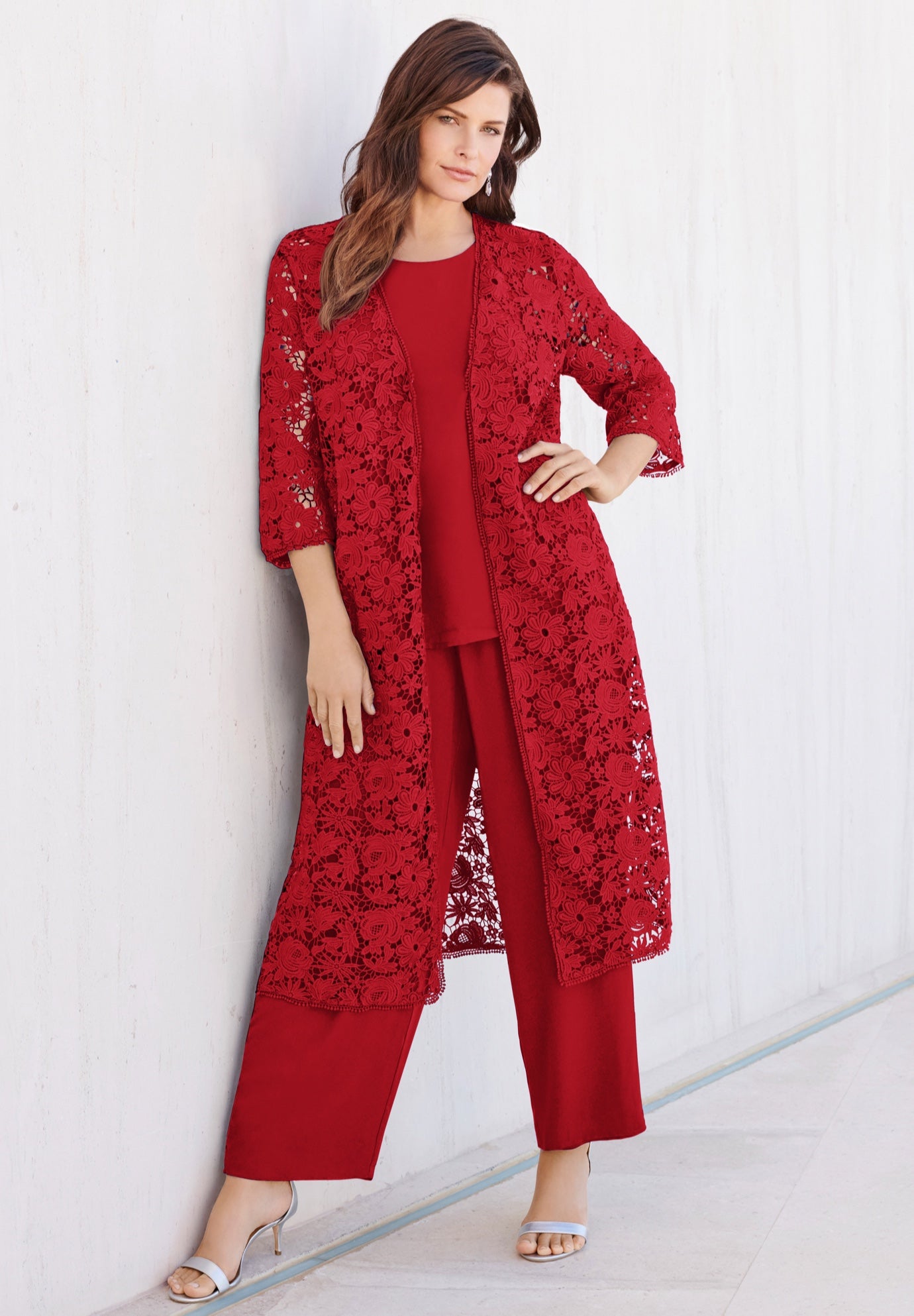 Plus Size Women's Plus Size 3-Piece Allover Lace Duster Pant Set - Formal Wear by Roaman's in Classic Red (Size 30 W)