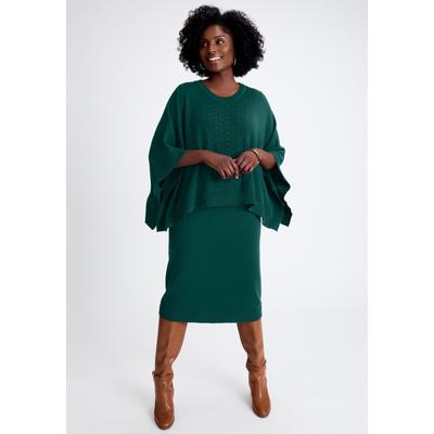 Plus Size Women's Cable Knit Cape Sweater Dress by Jessica London in Emerald Green (Size 12)