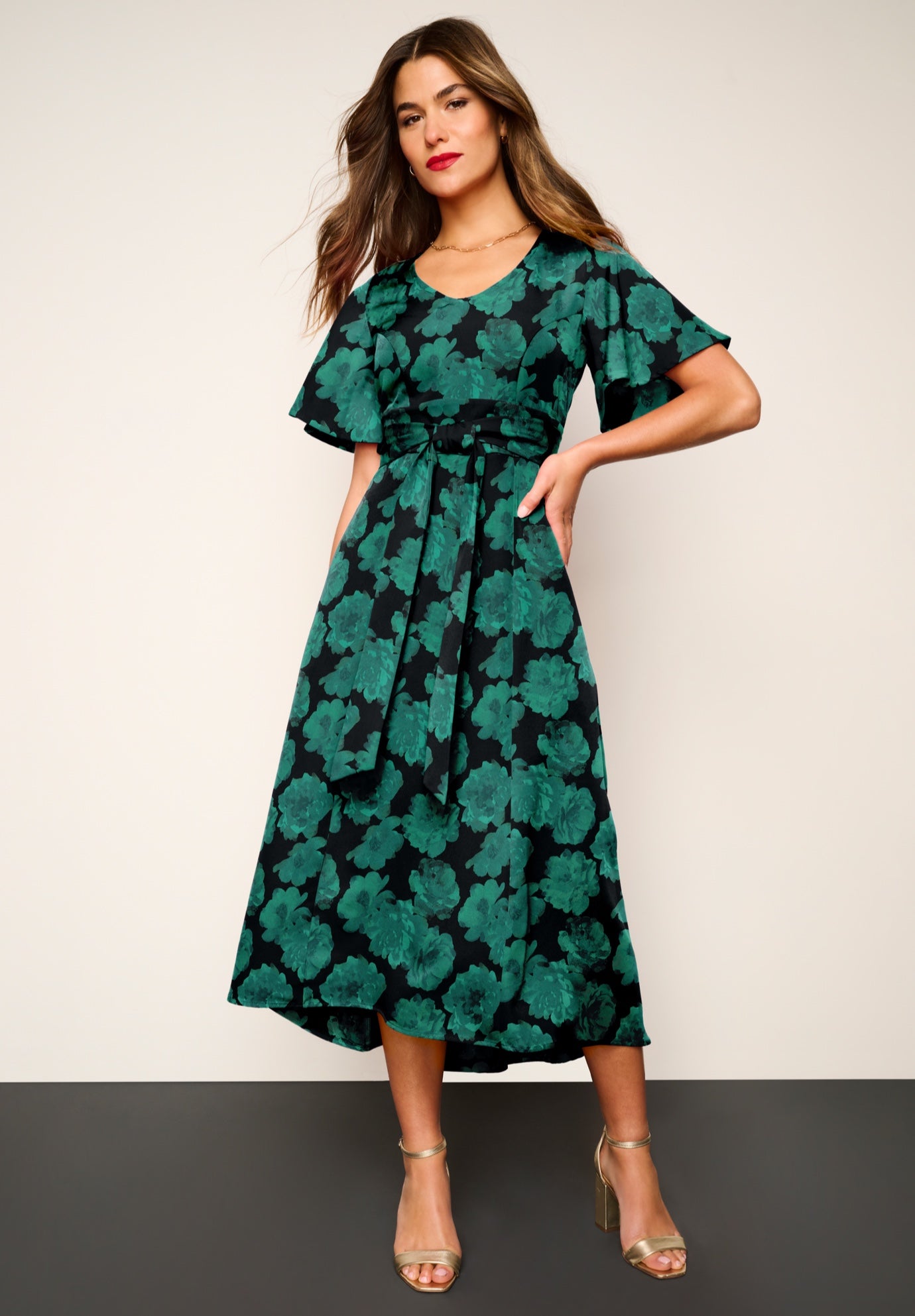 Plus Size Women's Plus Size Flutter Sleeve V-Neck Fit and Flare Bi-stretch Maxi Dress by Roaman's in Black Emerald Watercolor (Size 24 W)