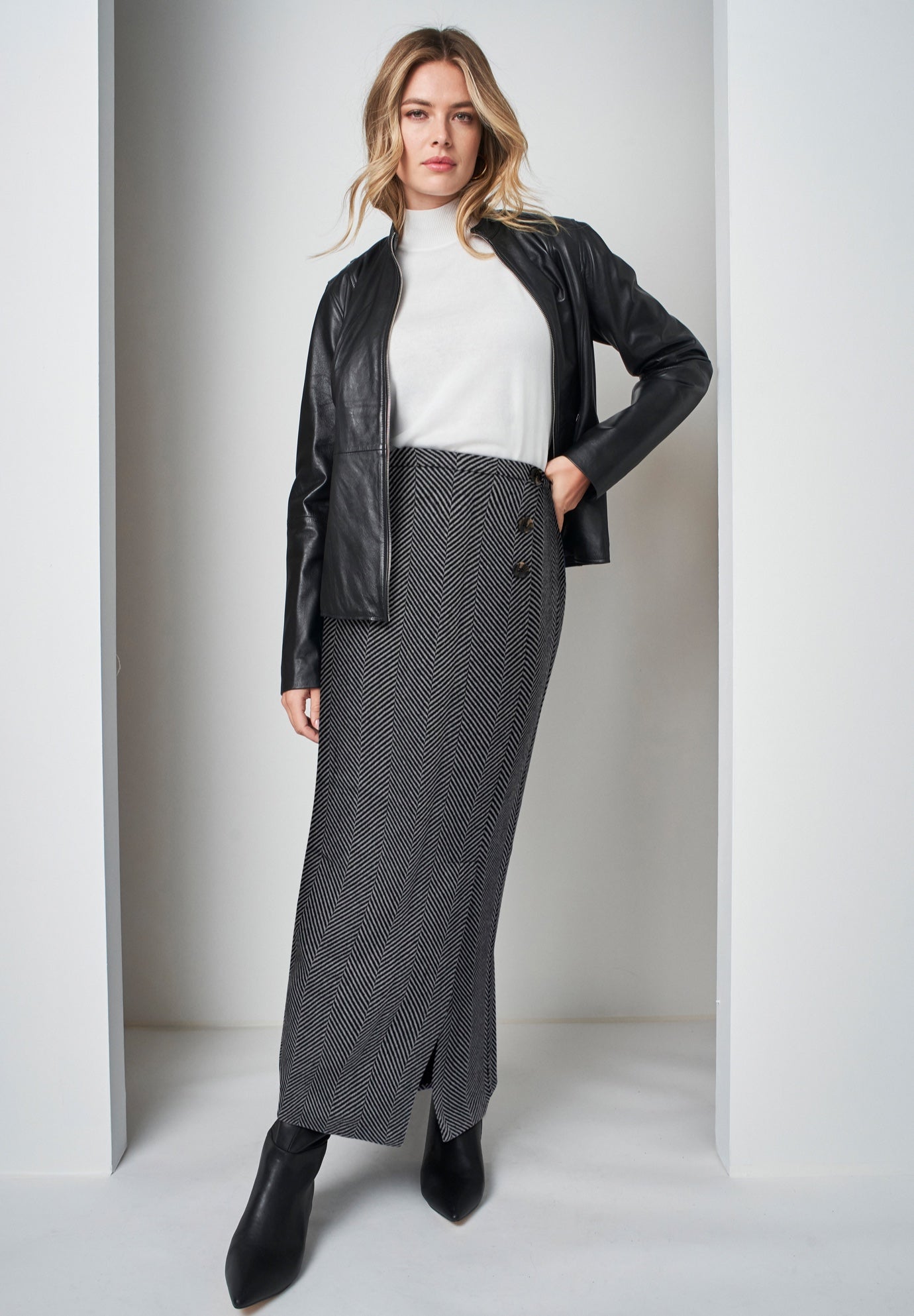 Plus Size Women's Side-Button Wool Skirt by Jessica London in Grey Herringbone (Size 14 W) Wool Faux Wrap Plaid Maxi Skirt