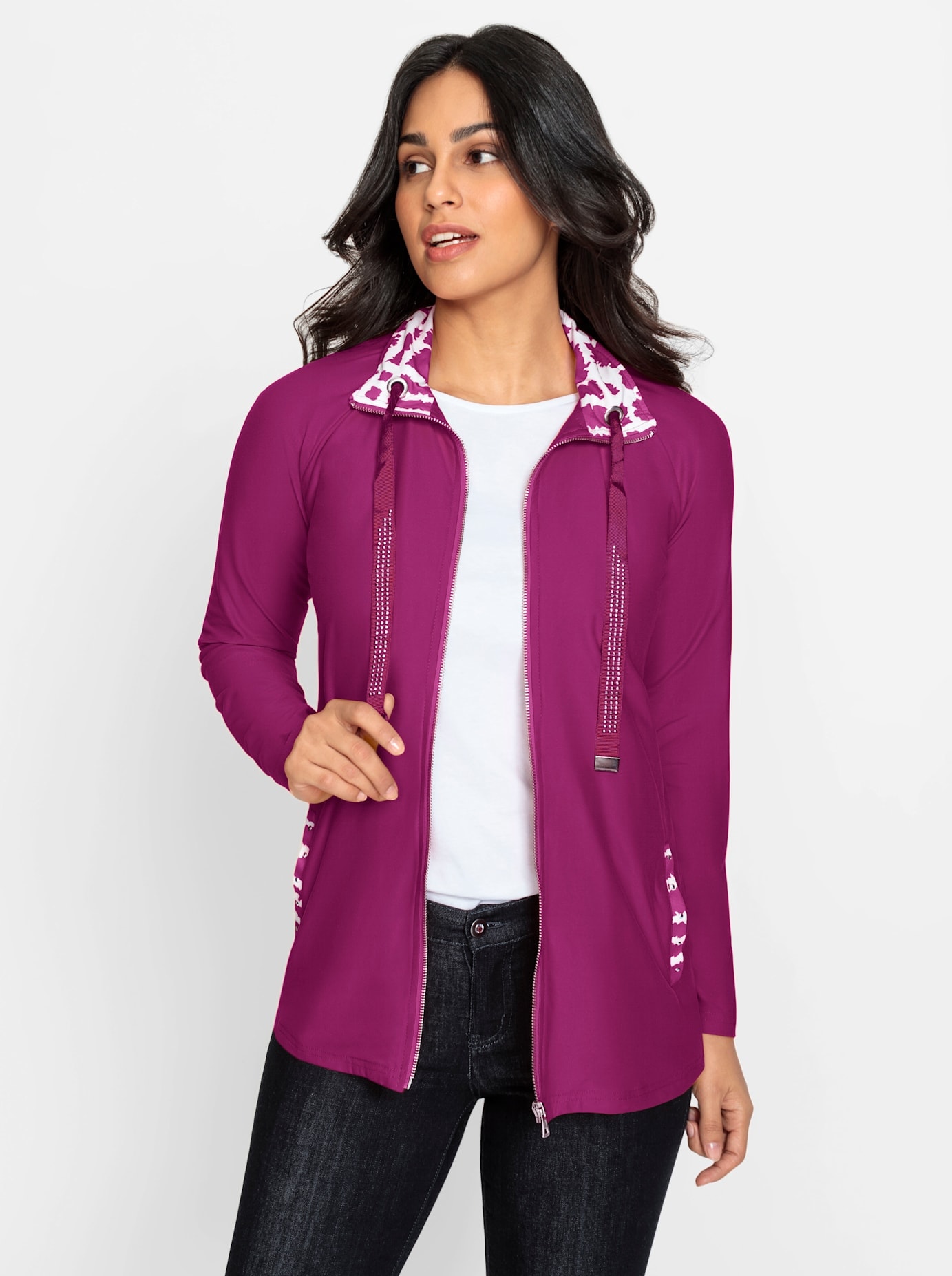 Shirtjacke INSPIRATIONEN "Shirtjacke", Damen, Gr. 54, lila (magenta, ecru, gemustert), 92% Polyester, 8% Elasthan, gemustert, mehrfarbig, unifarben, Shirts Image