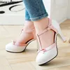 Frauen T-riemen High Heels Runde Kappe Ferse Pumpen Frauen Plattform Pumpen Bogen Party Hochzeit Schuhe Chaussures de Femme Größe 33-48