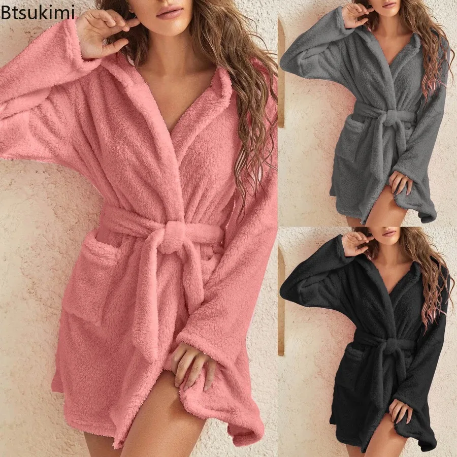 Frauen Bademantel Winter Flauschigen Plüsch Pyjamas Damen Sexy Mit Kapuze Dressing Einfarbig Kleid Warme Bademantel Weibliche Hause Kleidung Image