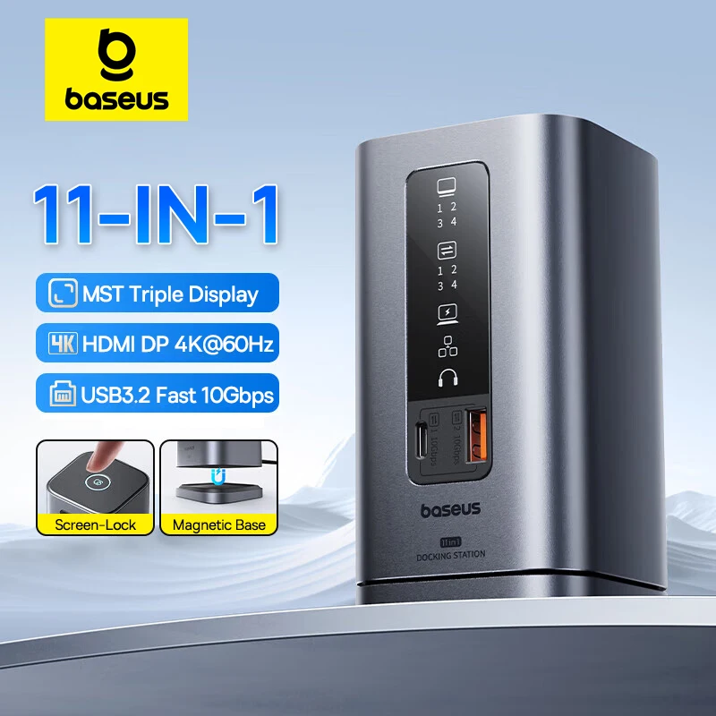 Baseus 11-IN-1 USB C HUB HDMI DP 4K@60Hz MST Triple Display USB 3.2 Splitter mit RJ45 3,5 mm Mikrofon PD100W magnetische Dockingstation Image