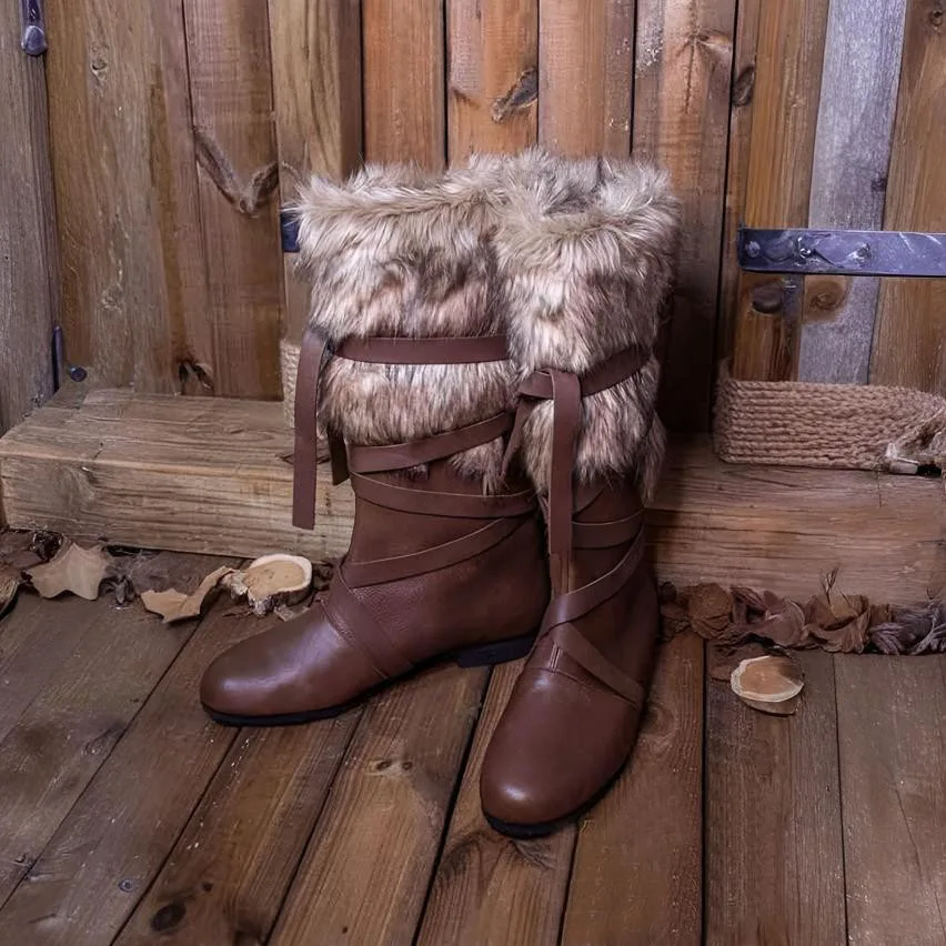 Mittelalterliche Renaissance Erwachsene Herren Wikinger Barbar Pu Leder Braun Vintage Mittelkalb Stiefel Halloween Party Cosplay Stiefel 2025 Image