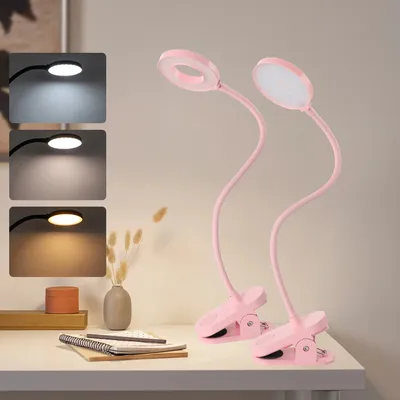 USB charging clip desk lamp bedside reading lamp with 3 color modes and adjustable brightness - Pink