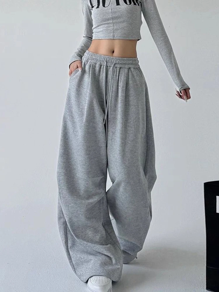 Y2K Harajuku Breite Bein Jogginghose Frauen Streetwear Baggy Oversize Grau Sport Hosen Hohe Taille Kordelzug Casual Jogger Hosen