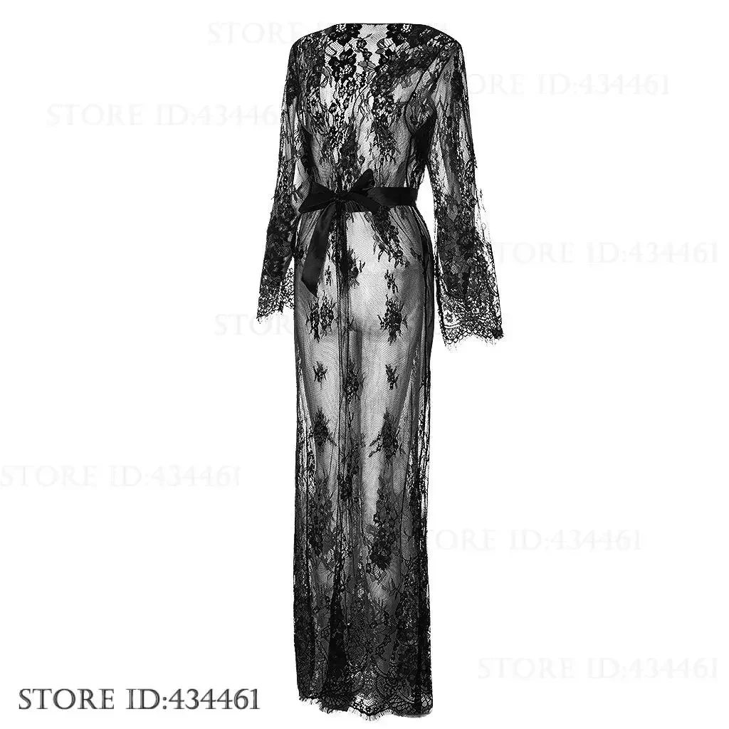 Versuchung Perspektive Spitze Lange Robe Nachthemd Intime Dessous Sexy Mesh Kimono Bademantel Kleid Lose Casual Hause Kleid Pyjama Image
