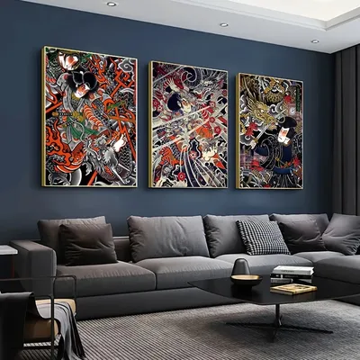 3pcs Japanese Samurai Folk Art Posters - Frameless Canvas Prints of Samurai & Hell King, Vibrant Retro Wall Decor for Living
