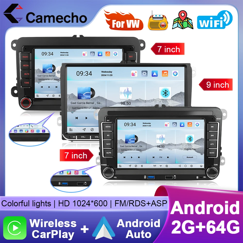 Camecho 2 + 64G Auto Radio Für VW Volkswagen Golf 5 6 Polo Passat B6 B7 Sitz Skoda Jetta carplay Android Auto Multimedia Player Image