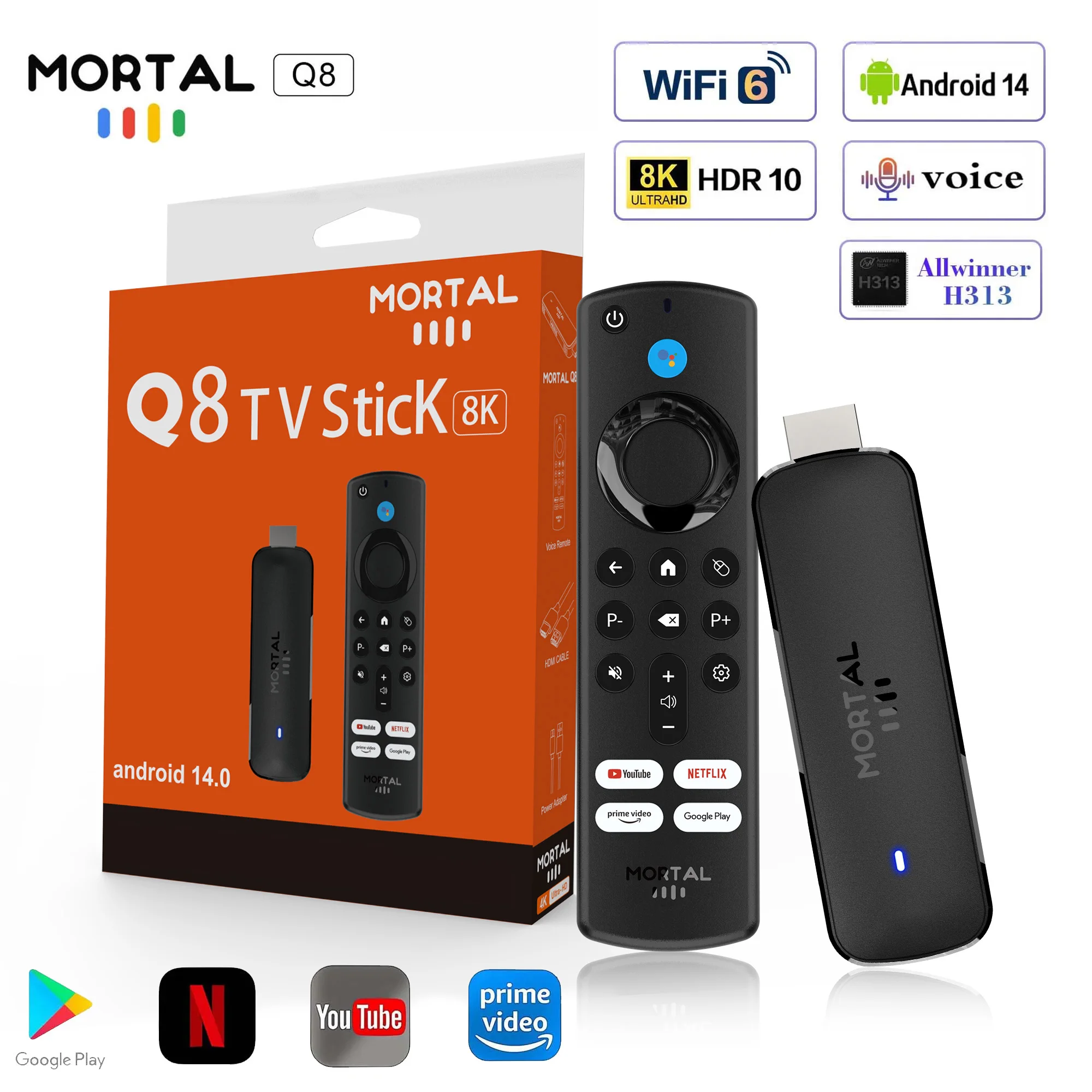 Mortal Q8 Android14 TV stick WIFI6 Voice Control TV stick 8K video Allwinner H313 Netflix YouTube Tv box Free Live TV Streaming