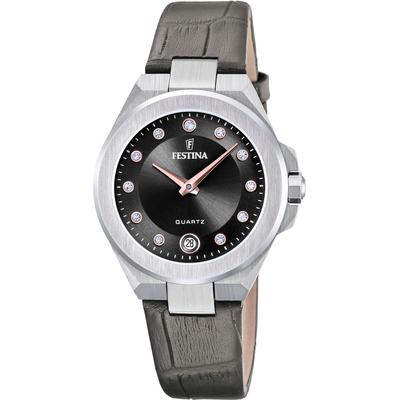 Quarzuhr FESTINA "Mademoiselle", grau (dunkelgrau), Armbanduhren, Damen, Armbanduhr, Damenuhr, Edelstahlarmband, analog, Tag, Zirkonia (synth.) Image