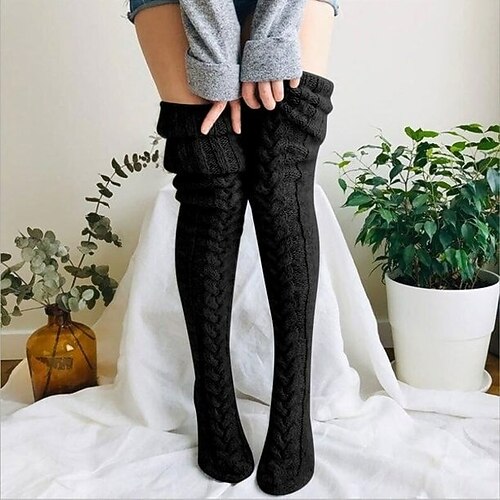 Oberschenkelhohe Socken für Damen, warm, gestrickt, über das Knie, lange Schlauchsocken, gemütlich, für Herbst und Winter, dick, einfarbig, gestapelt, modische Beinbekleidung, bequem für den Alltag Image