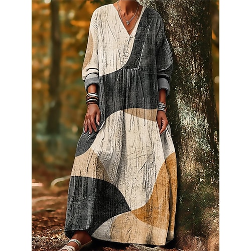 Damen Maxikleid Sommerkleid A Linie Kleid Urlaub Lässig Boho Strand Party Ferien Lässiger Schnitt Grafik Geometrisch Abstrakt Langarm V Ausschnitt Blau Dunkelbraun Dunkelrot Rote Frühling Herbst Image