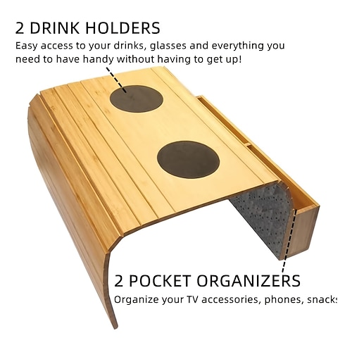 Klappbarer Sofa-Armlehnentisch aus Bambus im Vintage-Stil mit Getränkehalter – kein Zusammenbau erforderlich, nur Handwäsche, Naturholz schwarzes Finish, Hartholz Bambuskonstruktion für Wohnzimmer, Image