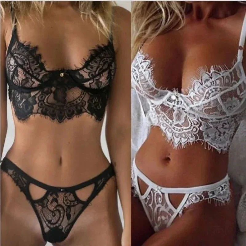 Set di lingerie sexy in pizzo ultra sottile sexy Set di biancheria intima calda da donna Set reggiseno e slip perizoma Set intimo aperto nero in pizzo trasparente