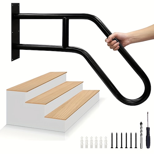 Mattschwarzer, moderner U-förmiger 1-teiliger Metallhandlauf für Außentreppen, wandmontierter Sicherheits-Treppengeländer, modernes Eingangsgeländer, mit Plattenstärke und Montagezubehör Image