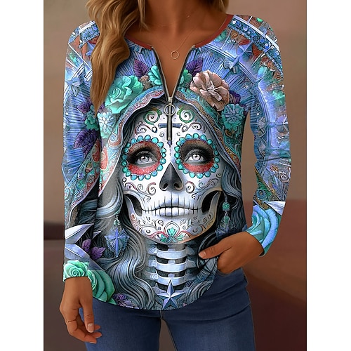 Damen T-Shirt Totenköpfe Grafik Vintage Stilvoll Lässig Langarm Rundhals Reguläre Oberteile Daily Weekend Zipper Druck Gelb Pink Blau Grau Herbst Winter Image