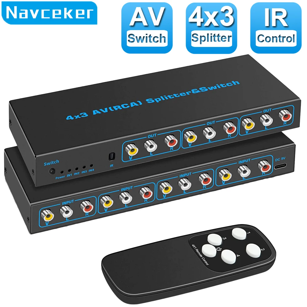 Switch RCA a 4 vie Switch AV 4 in 3 uscite Switcher RCA Box Video L/R Audio stereo Selettore AV Switcher composito 4X3 per DVD PS2
