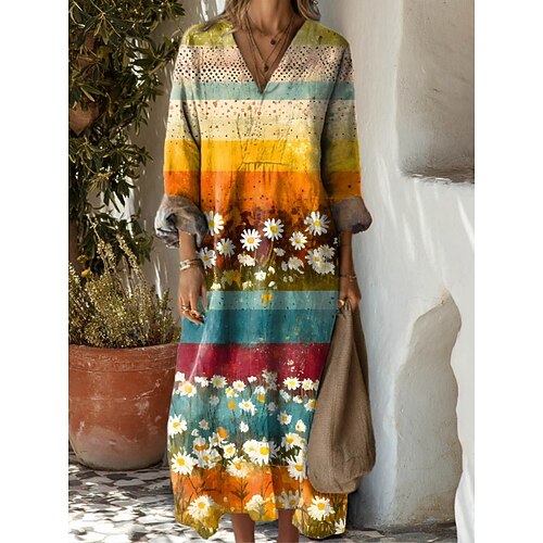 Damen Maxikleid Freizeitkleid Stilvoll Lässig Urlaub Täglich Normale Passform Blumen Langarm V Ausschnitt Marineblau Blau Orange Braun Sommer Image
