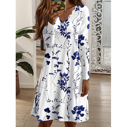 Damen Minikleid Shiftkleid A Linie Kleid Lässig Täglich Normale Passform Blumen Grafik Langarm V Ausschnitt Gelb Rote Blau Purpur Frühling Herbst Winter Image
