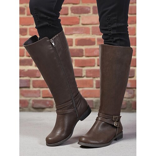 Schwarze, extra weite Kniestiefel für Damen mit seitlichem Reißverschluss und Schnalle – lässige, klassische Reitstiefel für Arbeit, Reisen und Outdoor-Outfits Image
