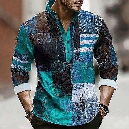 Herren Geometrisch Farbblock Patchwork Hemd Henley Hemd Stehkragenhemd Langarm Vintage-Retro Urlaub Lässig Sommer Frühling Mandarine Knöpfe Leinenähnliches Hemd Rote Blau Purpur Orange Grün Image