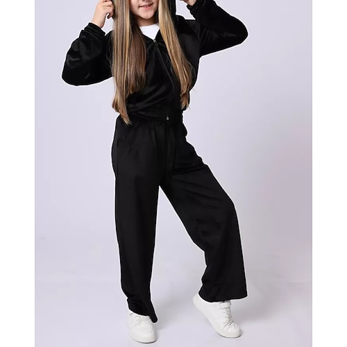 2 Stück Kinder Mädchen Einfarbig Kordelzug Hoodie- und Jogginghosen-Set einstellen Langarm Streetwear Outdoor Ab 4 Jahren Herbst Schwarz Rosa Königsblau Image