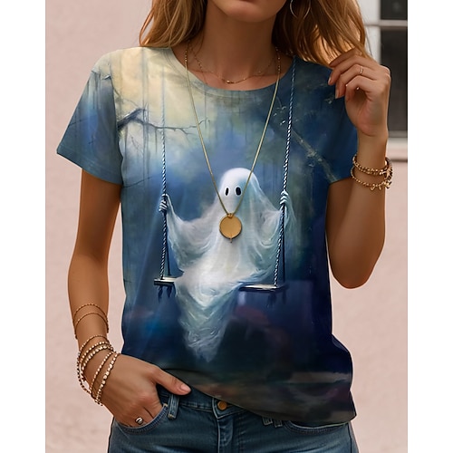 Damen T-Shirt Schädel Grafik Vintage Stilvoll Klassisch Kurzarm Rundhalsausschnitt Regulär Oberteile Täglich Wochenende Druck Schwarz Rot Hellbraun Blau Orange Herbst Winter Image