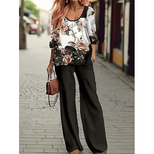 Damen 2 Teile Basic Neon Helle Bluse 3/4 Länge Ärmel V-Ausschnitt Floral Print Casual Leinenähnlich Grün Sommer Regulär Fit Image