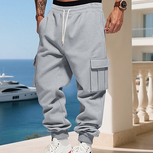 Herren Cargo-Jogginghose Jogginghose Fleecehose Hose Freizeithose Kordelzug Elastischer Bund Einfarbig Feuchtigkeitsableitend Atmungsaktiv Volle Länge Täglich Outdoor Laufen Urlaub Mode Weiß Wein Image