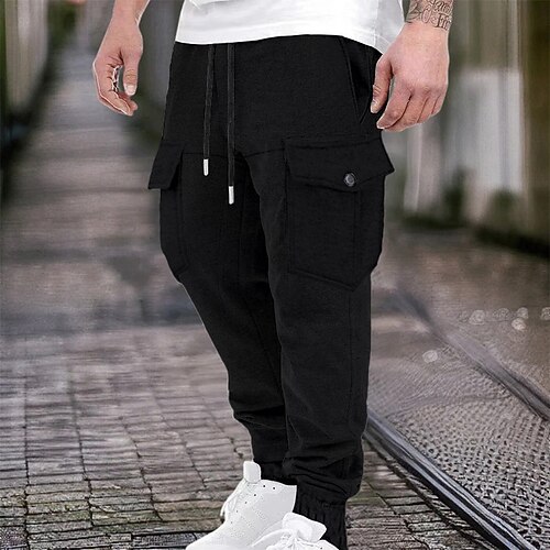 Herren Cargo-Jogginghose Jogginghose Hose Freizeithose Kordelzug Elastischer Bund Reißverschlusstasche Einfarbig Feuchtigkeitsableitend Atmungsaktiv Volle Länge Outdoor Täglich Laufen Mode Klassicher Image