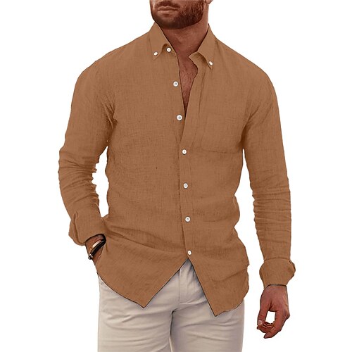 Herren Hemd Leinenhemd Sommerhemd Strandbekleidung Knopfhemd Einfach Urlaub Lässig Schwarz Weiß Blau Braun Langarm Umlegekragen Frühling Sommer Bekleidung Image