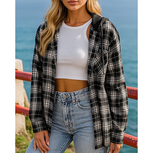 Damen Herbst-Outfits Hemden Jacken Mäntel Mit Kapuze Langarm Oberteil Athleisure Herbst Winter Kariert Mode Outdoor Reise Sport Sportbekleidung Sportkleidung Blau Aprikose Schwarz Image