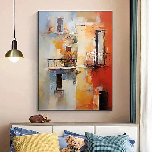 handgefertigtes Ölgemälde auf Leinwand, Wandkunst, Dekoration, Eindruck, farbenfrohes Gebäude für Zuhause, Wohnzimmer, Arbeitszimmer, Dekor, gerollt, rahmenlos, ungedehntes Gemälde Image