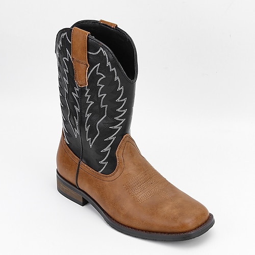 Herren-Western-Cowboystiefel mit quadratischer Zehenpartie, Slip-On-Stiefel bis zur Mitte der Wade, Arbeitsreitstiefel, lässiges Schuhwerk im Country-Stil für den Alltag Image