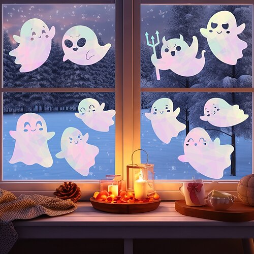 Halloween-Sonnenfänger, Fensteraufkleber, Wandaufkleber, niedliche Cartoon-Geister-Glasaufkleber, abnehmbare statische Aufkleber für Schaufensterdekoration, Halloween-Party, Heimdekoration Image
