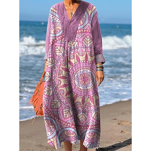 Damen Maxi Kleid Boho Sommerkleid A-Linie Kleid Urlaub Lässig Party Urlaub Strand Weit geschnitten Floral Grafik Geometrisch Langarm V-Ausschnitt Gelb Rot Fuchsia Orange Sommer Frühling Herbst Image