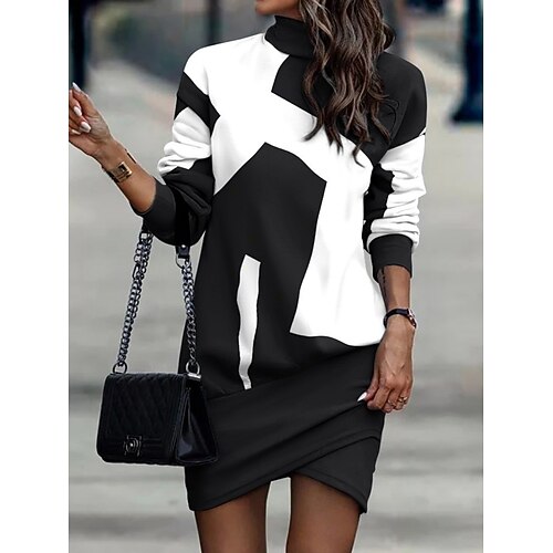 Damen Minikleid Etui-Kleid Lässig Täglich Normale Passform Blumen Gestreift Langarm Hoher Ausschnitt Schwarz Weiß Gelb Aprikose Frühling Herbst Winter Image