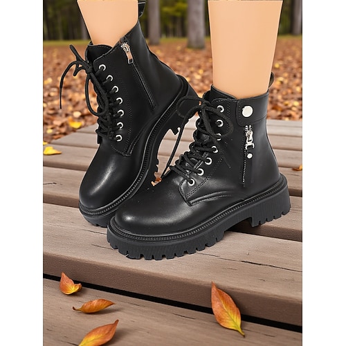 Damen-Kampfstiefel mit Schnürung – Stiefeletten mit dicker Sohle, seitlichem Reißverschluss und Riemendetail für urbane Streetwear und lässige Mode-Outfits Image