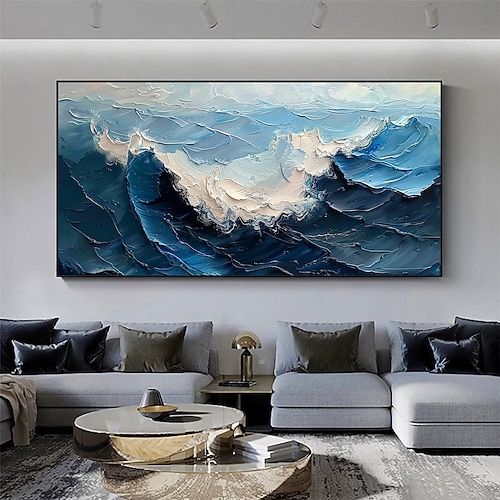 handgemachtes originales blaues Meereswellen-Ölgemälde auf Leinwand, abstrakte Meereslandschaft, Wandkunst für Wohndekoration mit gespanntem Rahmen ohne Innenrahmen Image