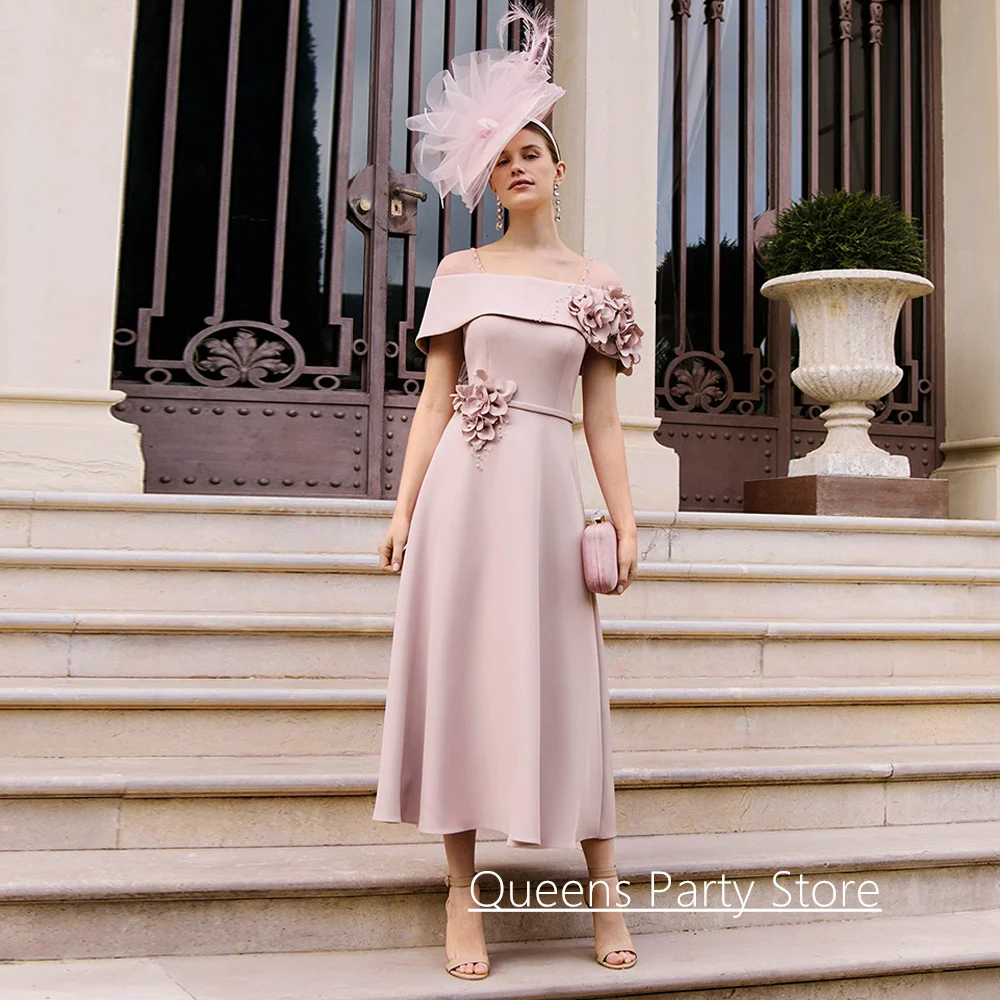 Mother of The Bride Dress Customized Off The Shoulder Pearls 3d Flowers Tea Length A Line Wedding Guest Gown Party Dresses