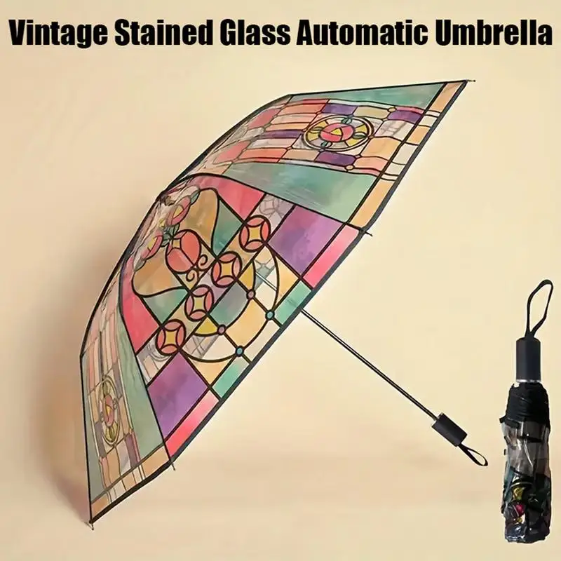 Buntglas-Regenschirm im britischen Stil, Regenwald-Bogen-Regenschirme, handbemalter Vintage-Stil, transparenter Sonnenschirm, automatisch faltbarer Regenschirm Image
