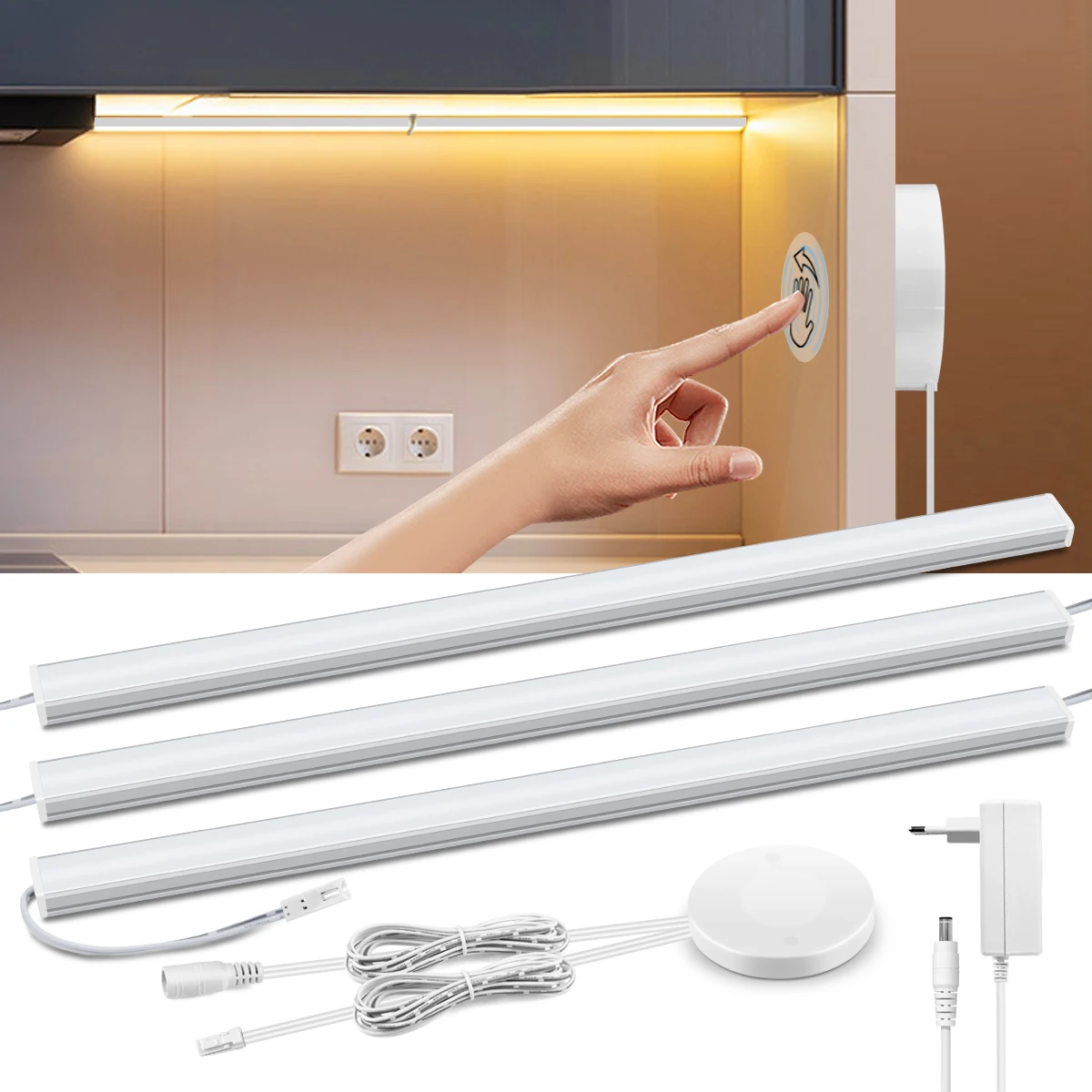 Durchdringbarer Holz-Touch-Sensor, dimmbare LED-Leuchten, Bewegungsmelder unter dem Schrank, Küchenleuchte, Aluminium-Barlampe, Kleiderschrank, Regal, Deko