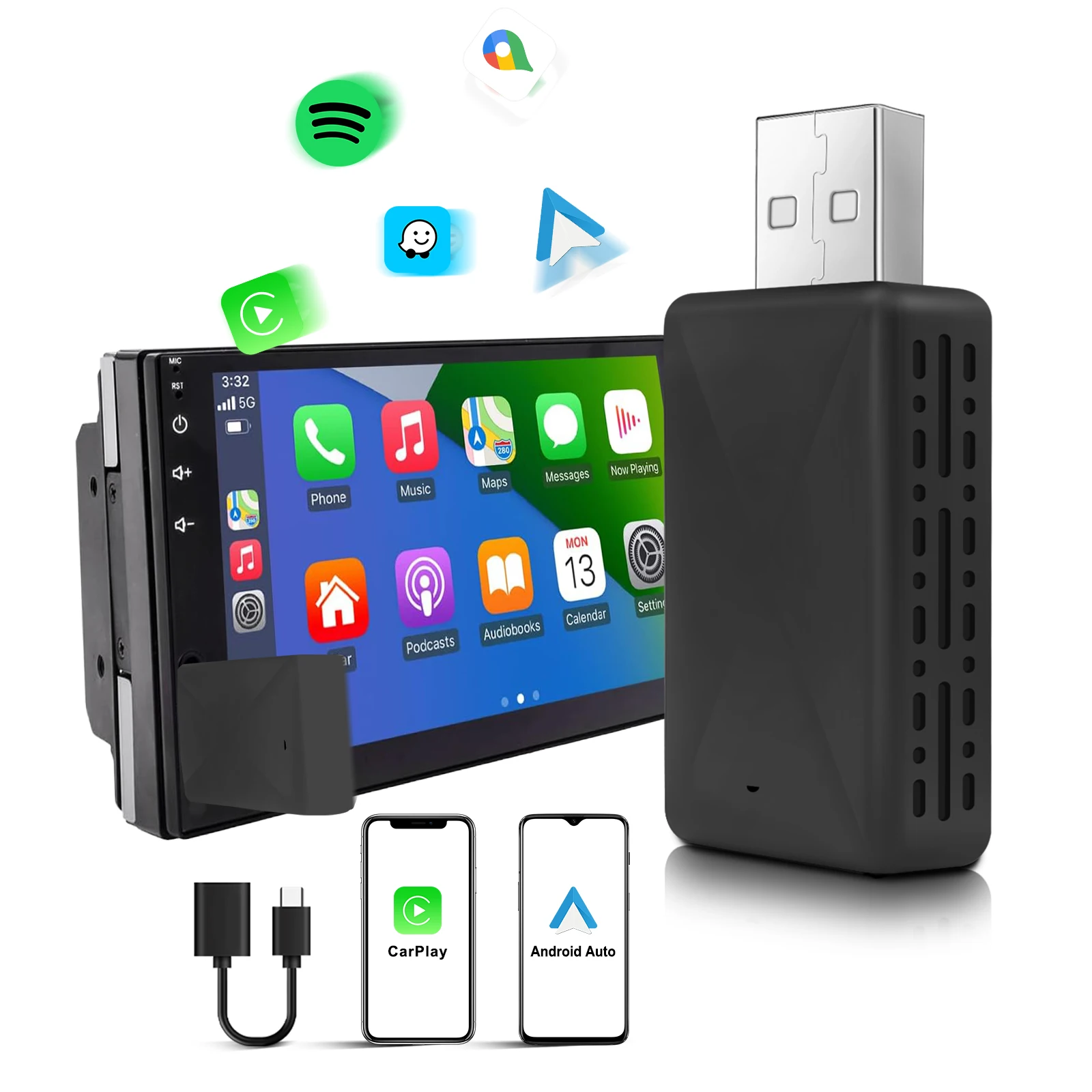 EzonetronicsWireless CarPlay Android-Autoadapter für werkseitig verkabeltes Auto, kabelloses CarPlay und Android Auto 2 in 1 Image