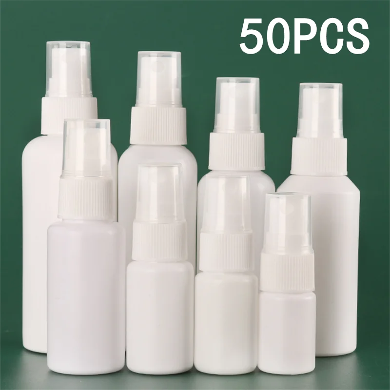 50PCS 10/20/30/50/100ml Weiß Mini Leere Spray Flasche Alkohol Flasche PE kunststoff Nachfüllbare Flaschen Feinen Nebel Parfüm Zerstäuber Image